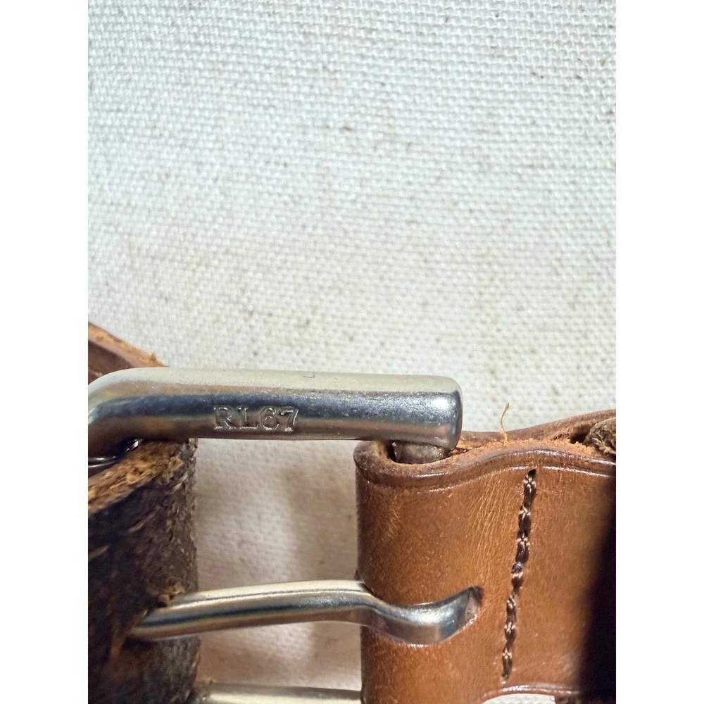 Polo Golf Ralph Lauren Navy Blue White Stripe Brown Leather Woven Fabric Belt 38